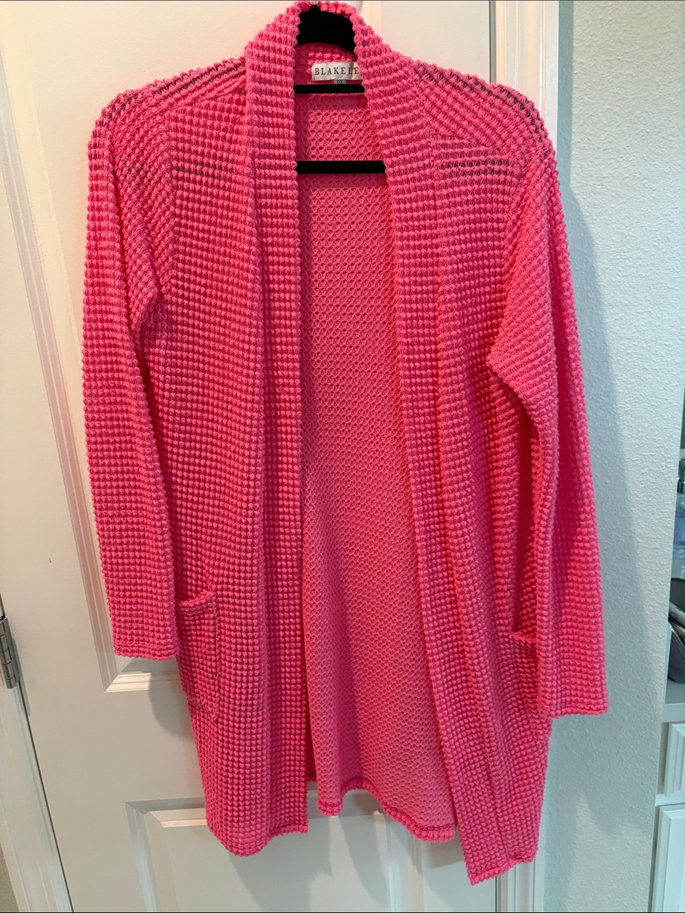Pink Open-Front Waffle Knit Cardigan